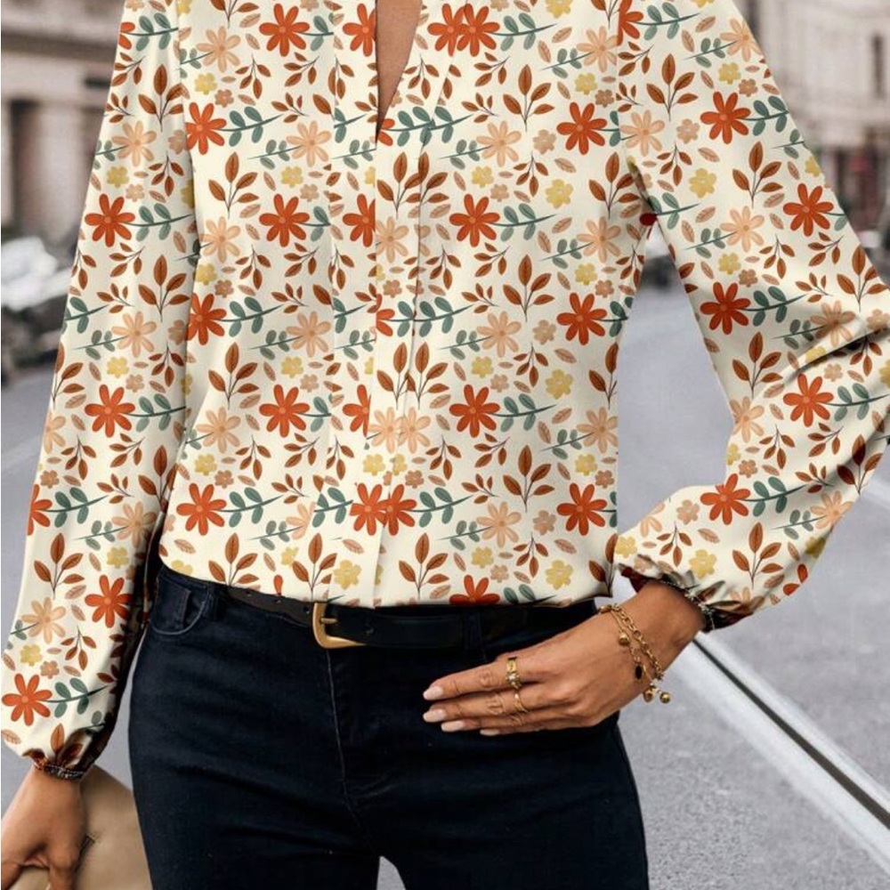 Floral Print Women's Top - Cream and Orange